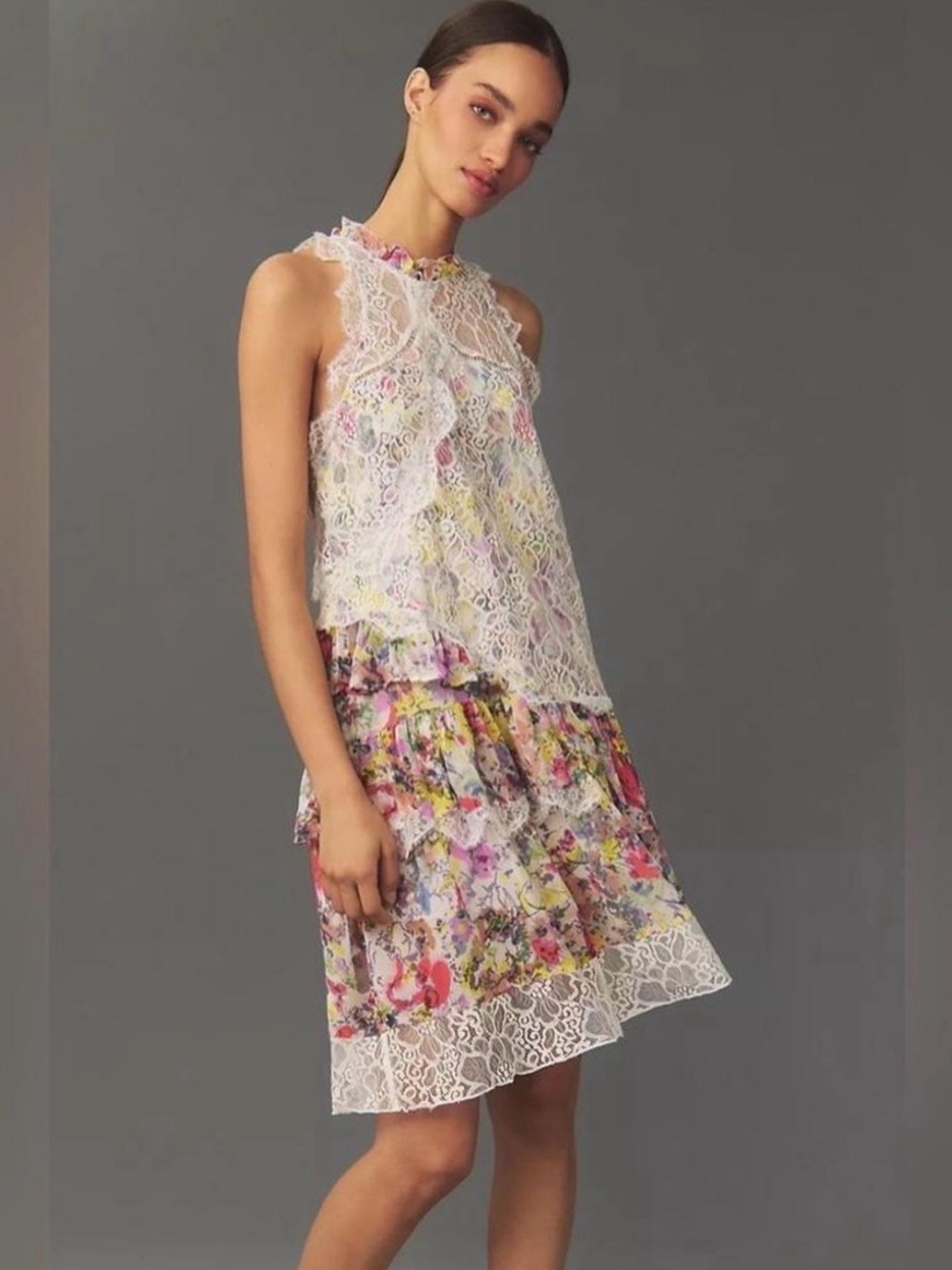 Anthropologie Sleeveless Lace Back Tiered Mini Dress with Pastel Floral Halter